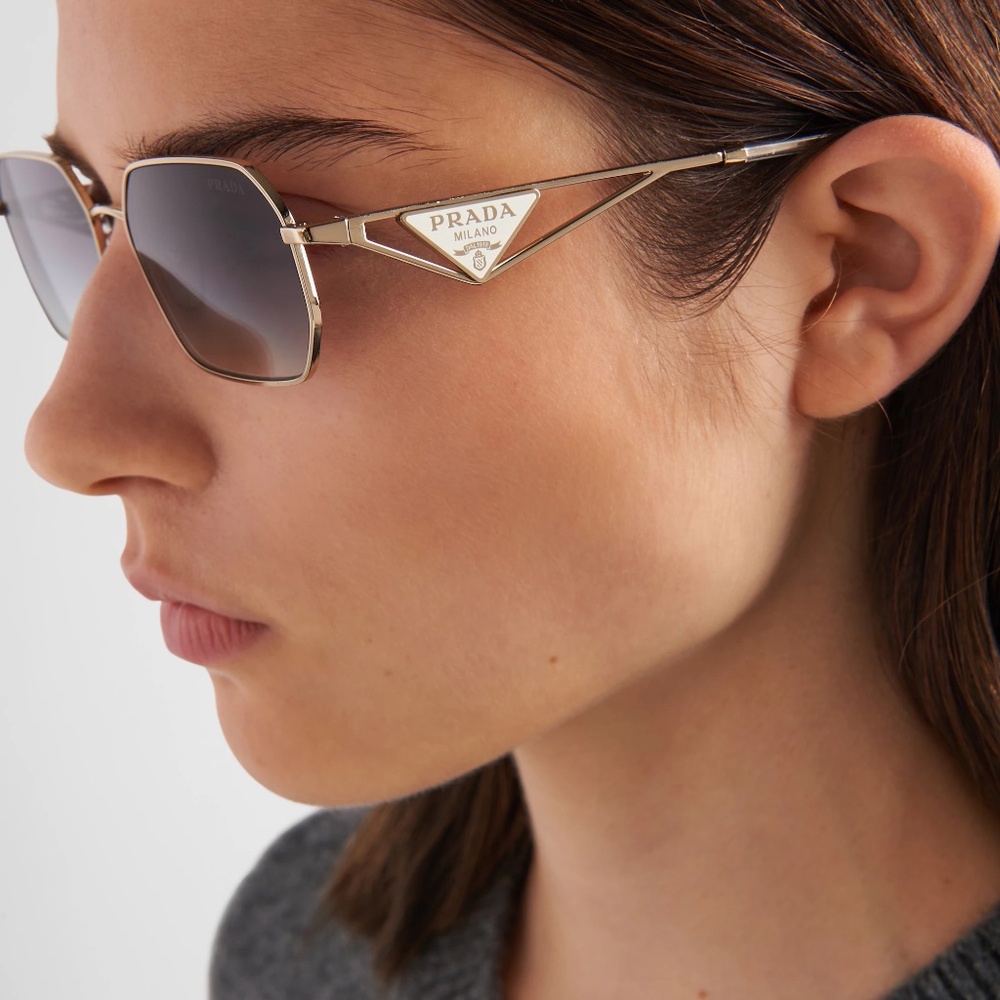 BRAND NEW in BOX Prada Symbole Sunglasses white triangle logo pale gold frame!
